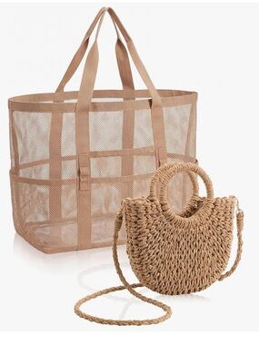 2 Pcs Beach Bags for Women, Straw Clutch Purse & Summer Large Mesh Beach Tote